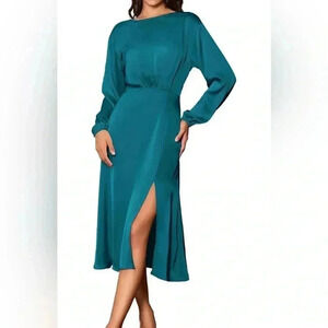 GRACE KARIN Long Sleeve Satin With Slit Elegant Boat Neck High Waist Midi Dress